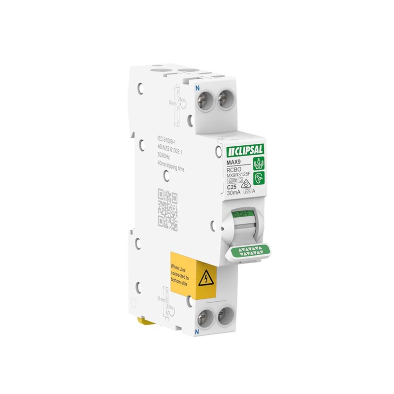 Clipsal MX9R3125F | 25A MAX9 RCBO 1PN C | 30mA Type A SLIM | 40ms