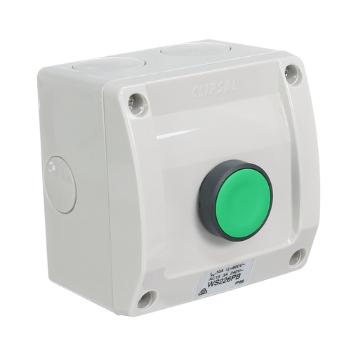 Clipsal WS226PB-RG, Push Button Switch, 1 Gang, Green Button,  Weathershield, Resistant Grey